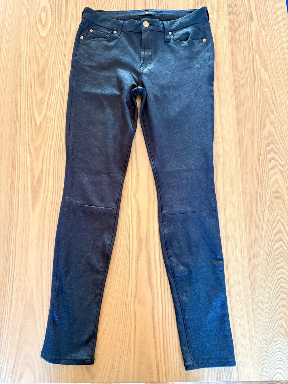 7 For All Mankind Black Coated Skinny Jeans Leather Look Size 27